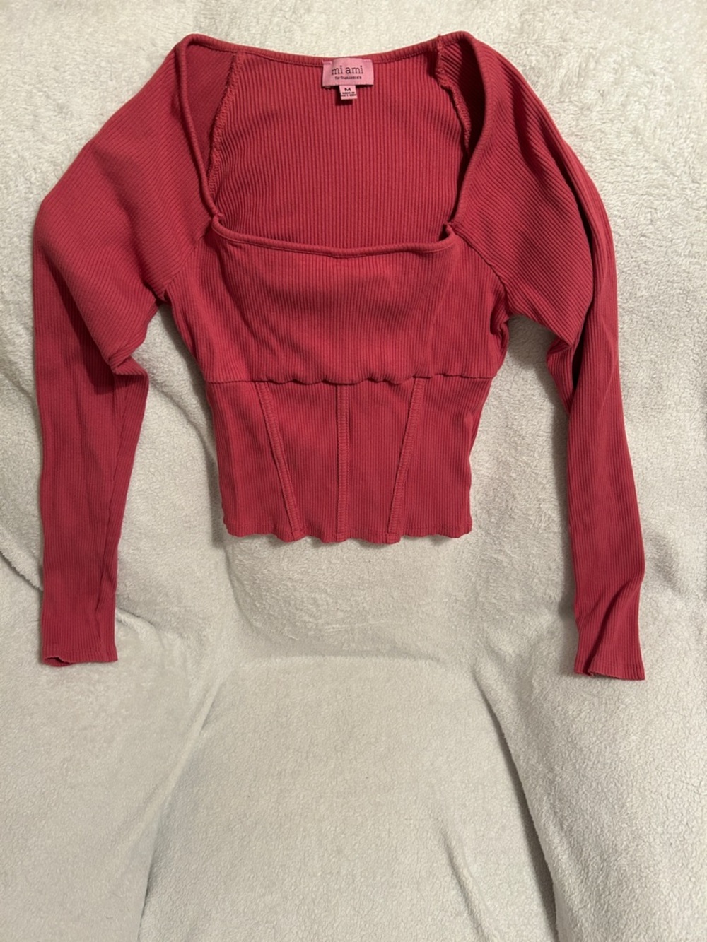 Francesca's Collections Ribbed Corset-Seam Long Sleeve Top in Rosewood
